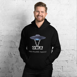 sweatshirt, hoodies for men featuring the outer worldly apparel spaceship logo with chains and wording.